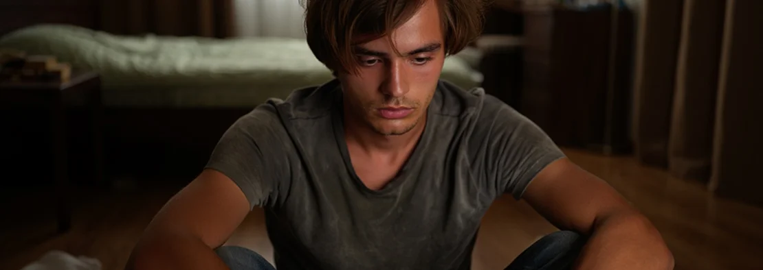 Молодой мужчина сидит на полу в тёмной, захламлённой комнате.